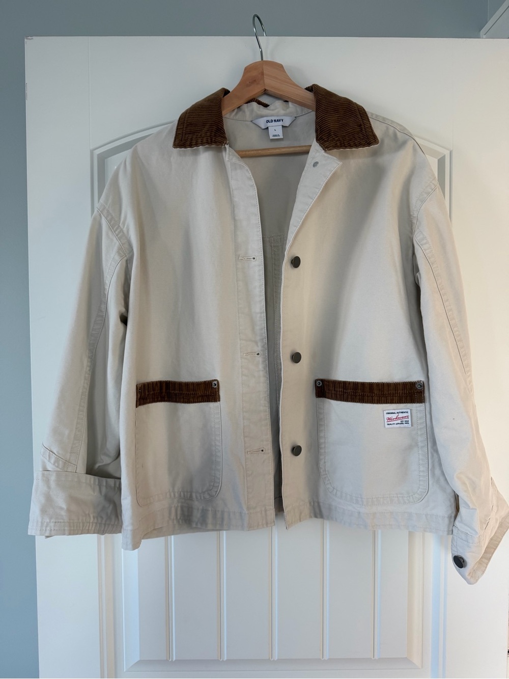 Old Navy Men's Cream Jacket with Brown Corduroy Collar & Pocket Trim